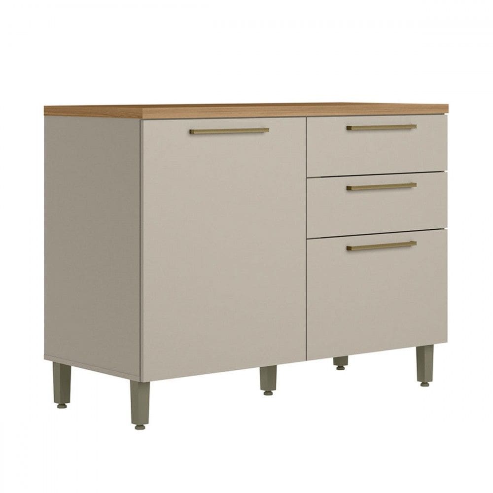 Balcão de Cozinha 120 Cm Atena 1 Portas 3 Gavetas 100% Mdf Jequitibá/Off White Fosco - Linea Brasil