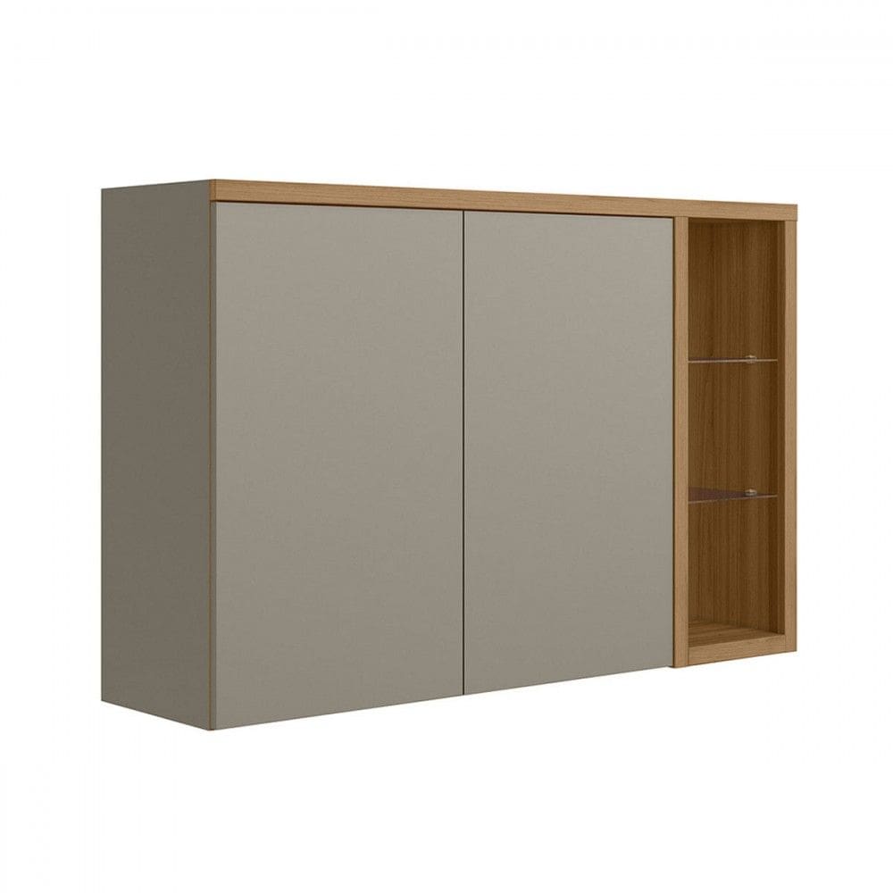 Armário Aéreo Cozinha 120 Cm Allure 2 Portas com Vidro e Led 100% Mdf Jequitibá/Gris Fosco - Linea Brasil