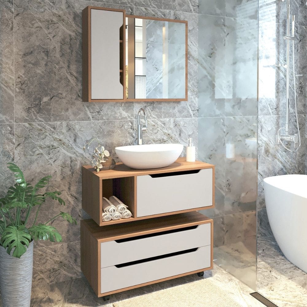 Conjunto Banheiro com Gabinete Suspenso 1 Gaveta Espelheira Armário com Rodízio Tecno Mobili