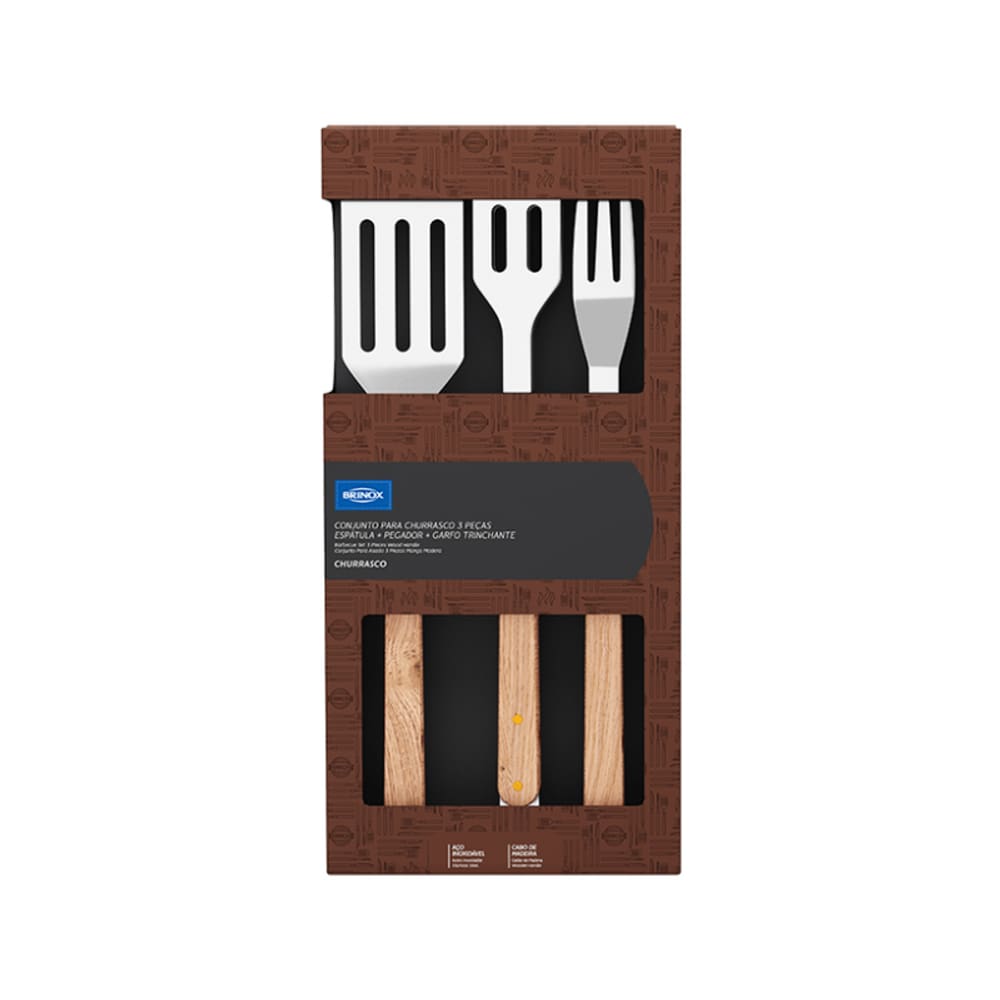 Kit Churrasco com 03 Peças em Inox: Espátula, Garfo, Pegador de Madeira Brinox