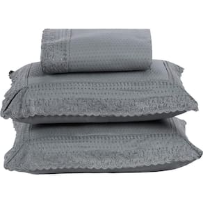 Colcha Queen Home Paris Com Bordado Inglês Micropercal 300 Fios Toque De Algodão 3 Peças - Chumbo