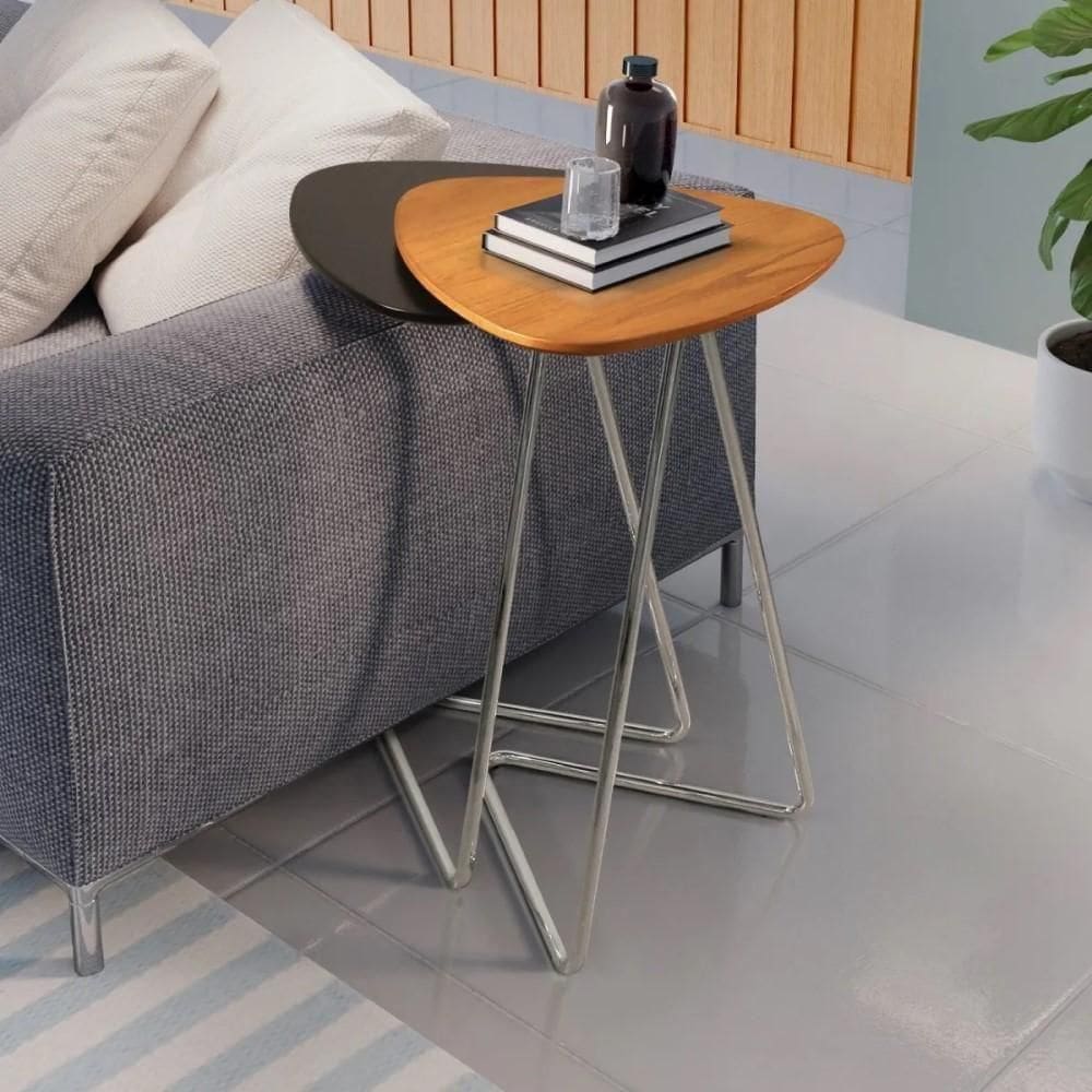 Conjunto 2 Mesa De Apoio Para Sofá Folha Castanho E Preto Base Em Metal Cromado