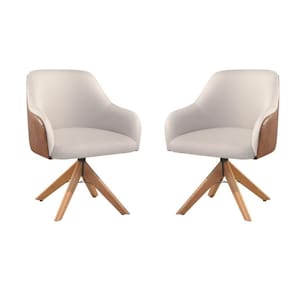 Conjunto Poltronas Decorativa Hera Linho Nude Couro Caramelo Com Base Giratória Em Madeira