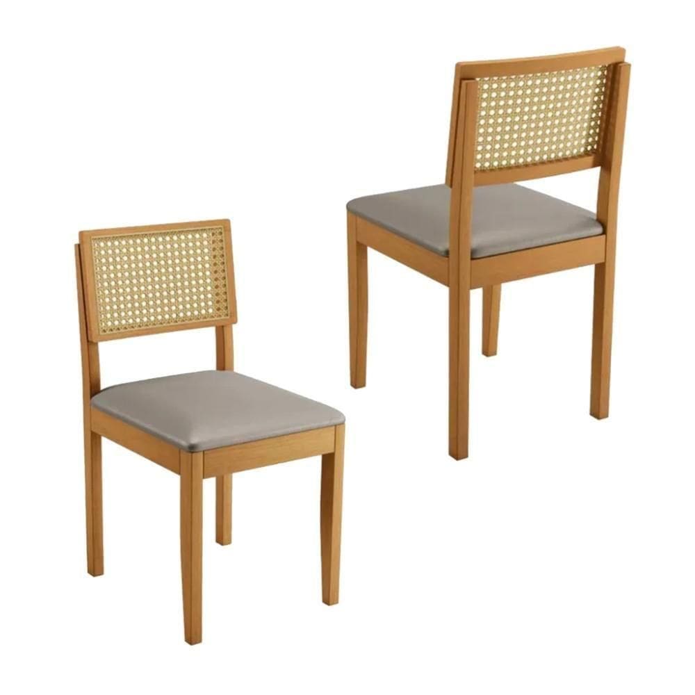 Conjunto 2 Cadeiras De Jantar Jade 03 Em Madeira Maciça Jcm E Encosto Rattan E Veludo Bege