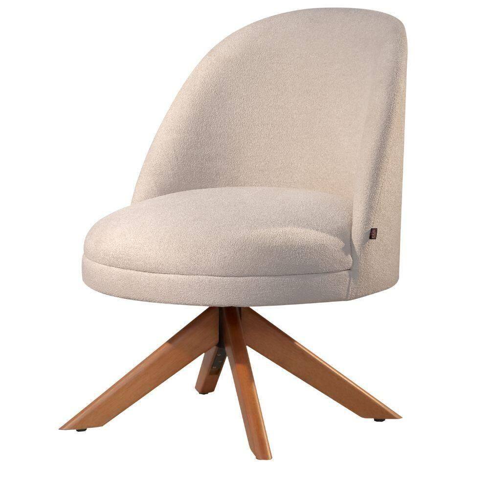 Poltrona Decorativa Lilli Boucle Off White Com Base Giratória Em Madeira