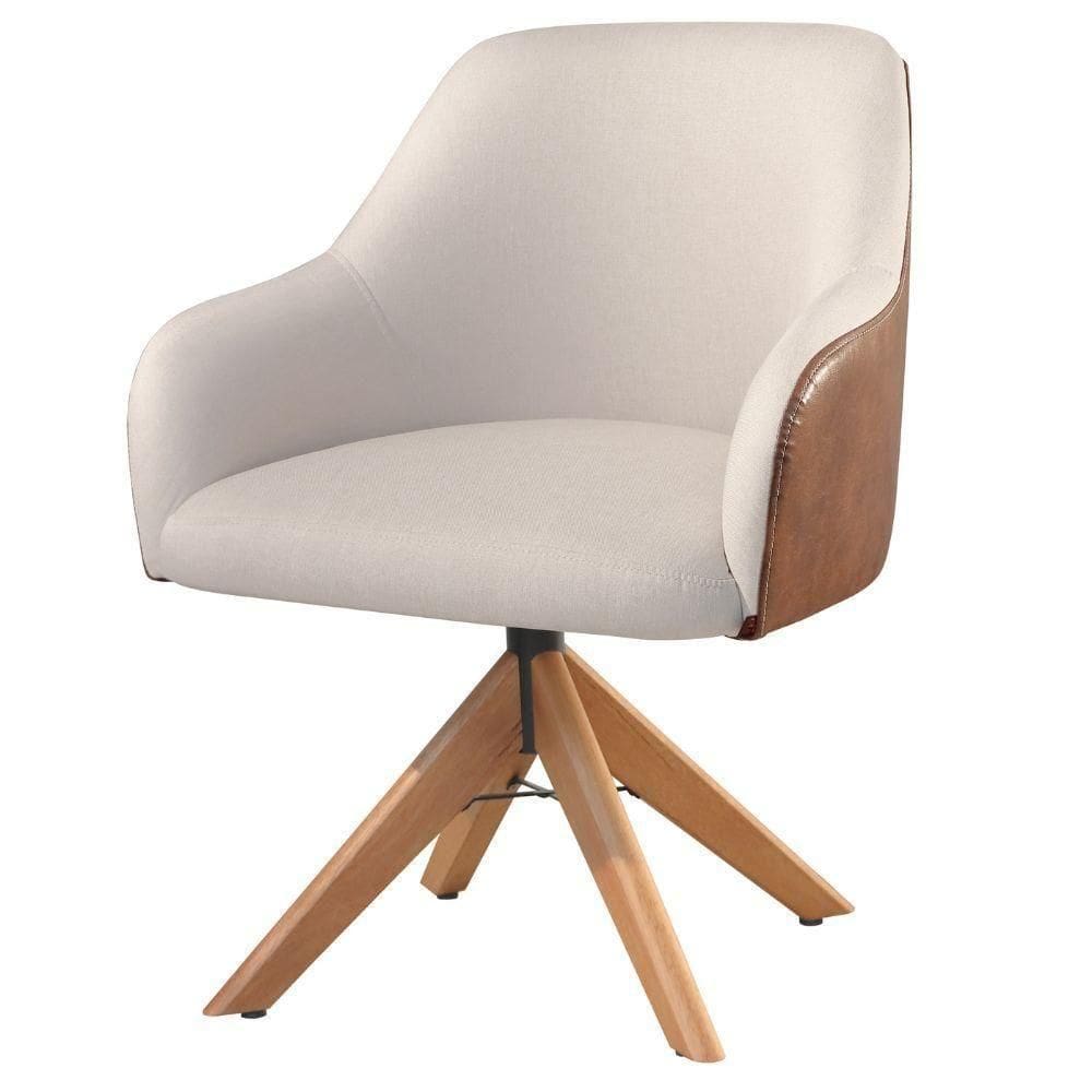 Poltrona Decorativa Hera Linho Nude Couro Caramelo Com Base Giratória Em Madeira