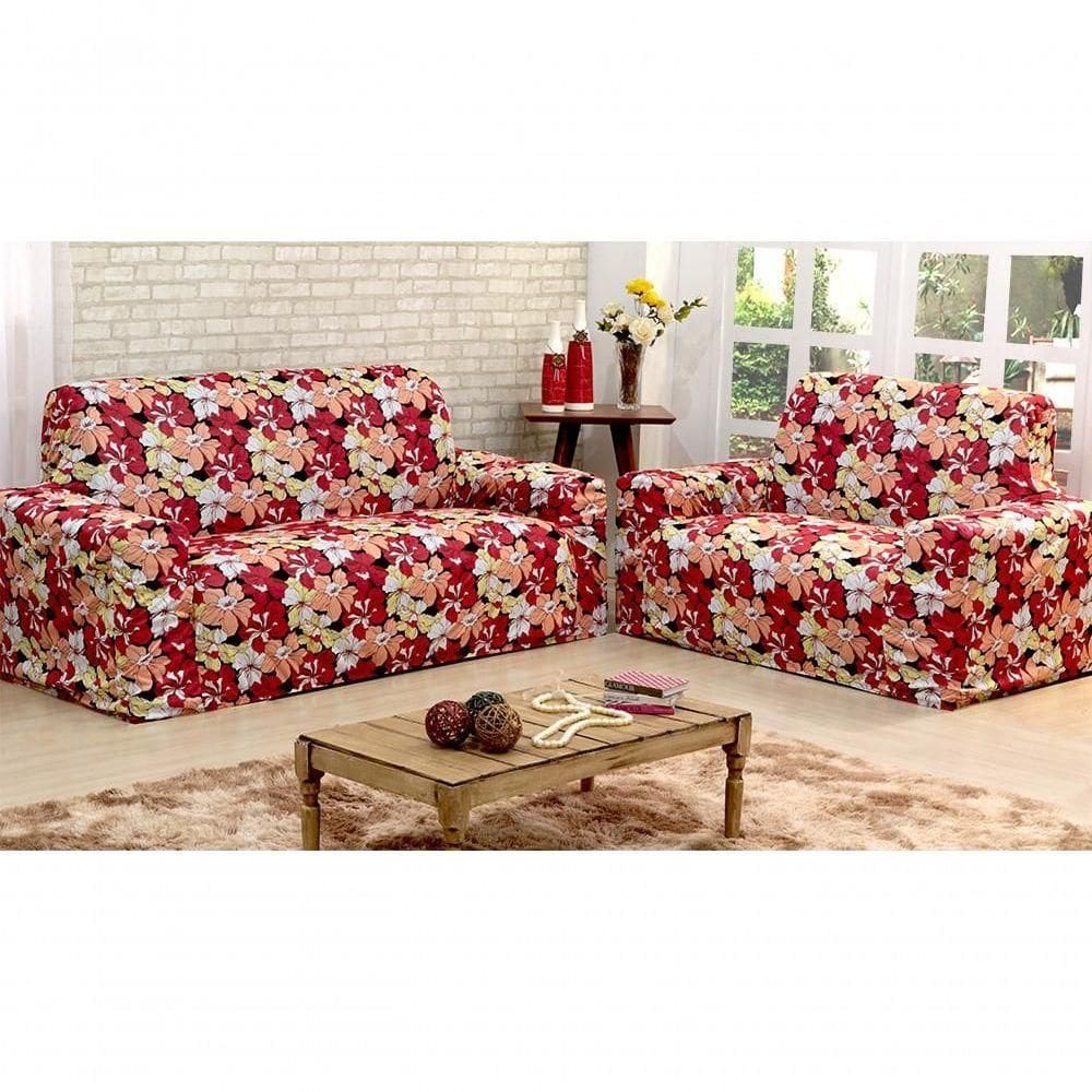 Capa De Sofá Adere Floral Vermelho 02 E 03 Lugares