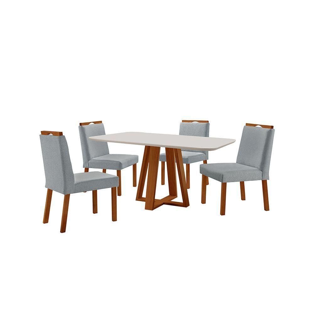 Conjunto Sala De Jantar Mesa Floripa 120x80cm Off White Com 4 Cadeiras Pérola Linho Cinza