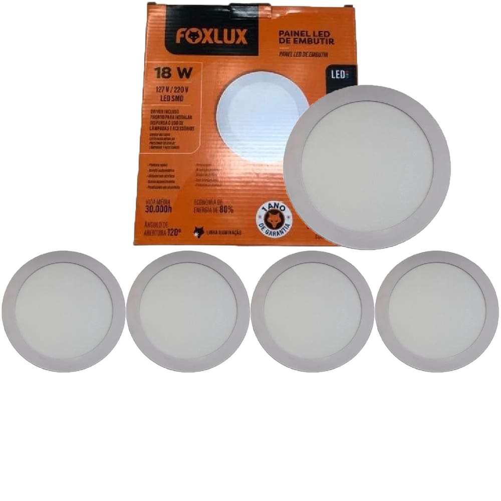 Kit 5 Painel Led Redondo Embutir 18W 4000K Bivolt Foxlux