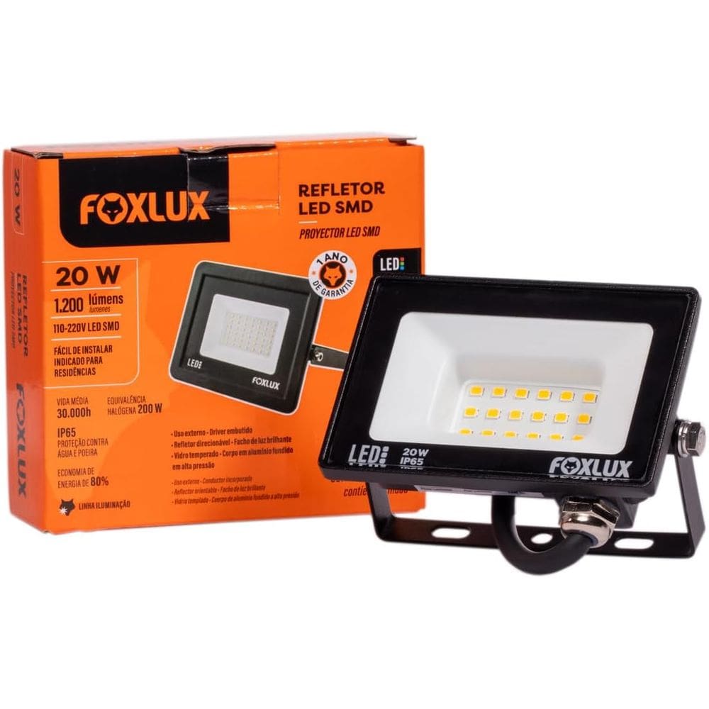 Refletor Led 20W 3000K Preto Bivolt Foxlux