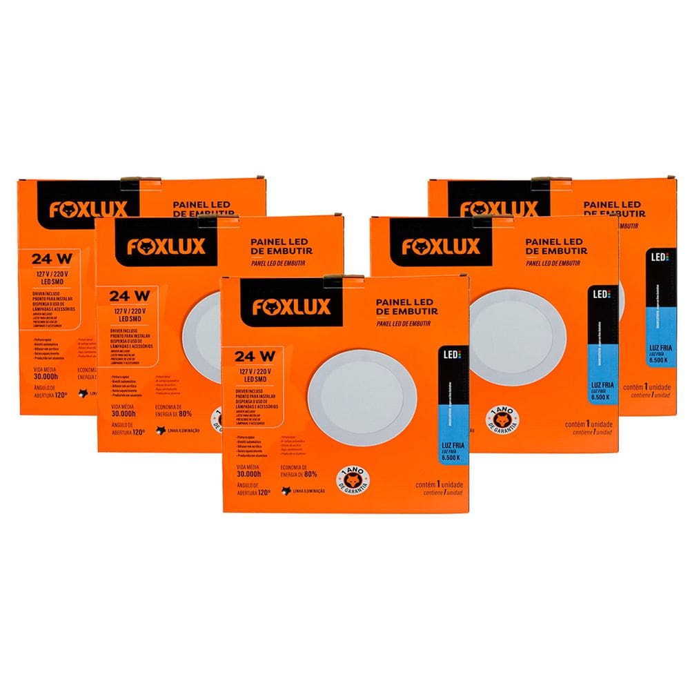 Kit 5 Painel LED 24W Bivolt 6500K Redonda Embutir Foxlux