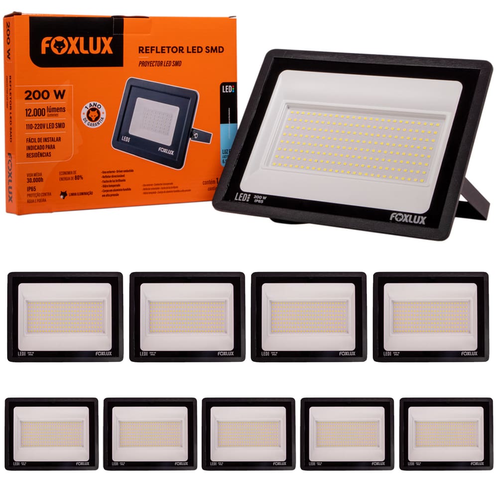 Kit 10 Refletor LED 200W Bivolt Luz Branca IP65 Foxlux