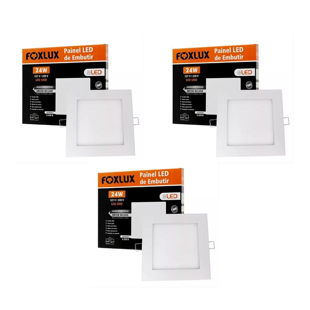 Kit 3 Painel LED 24W Downlight 6500K Embutir Quad Biv Foxlux