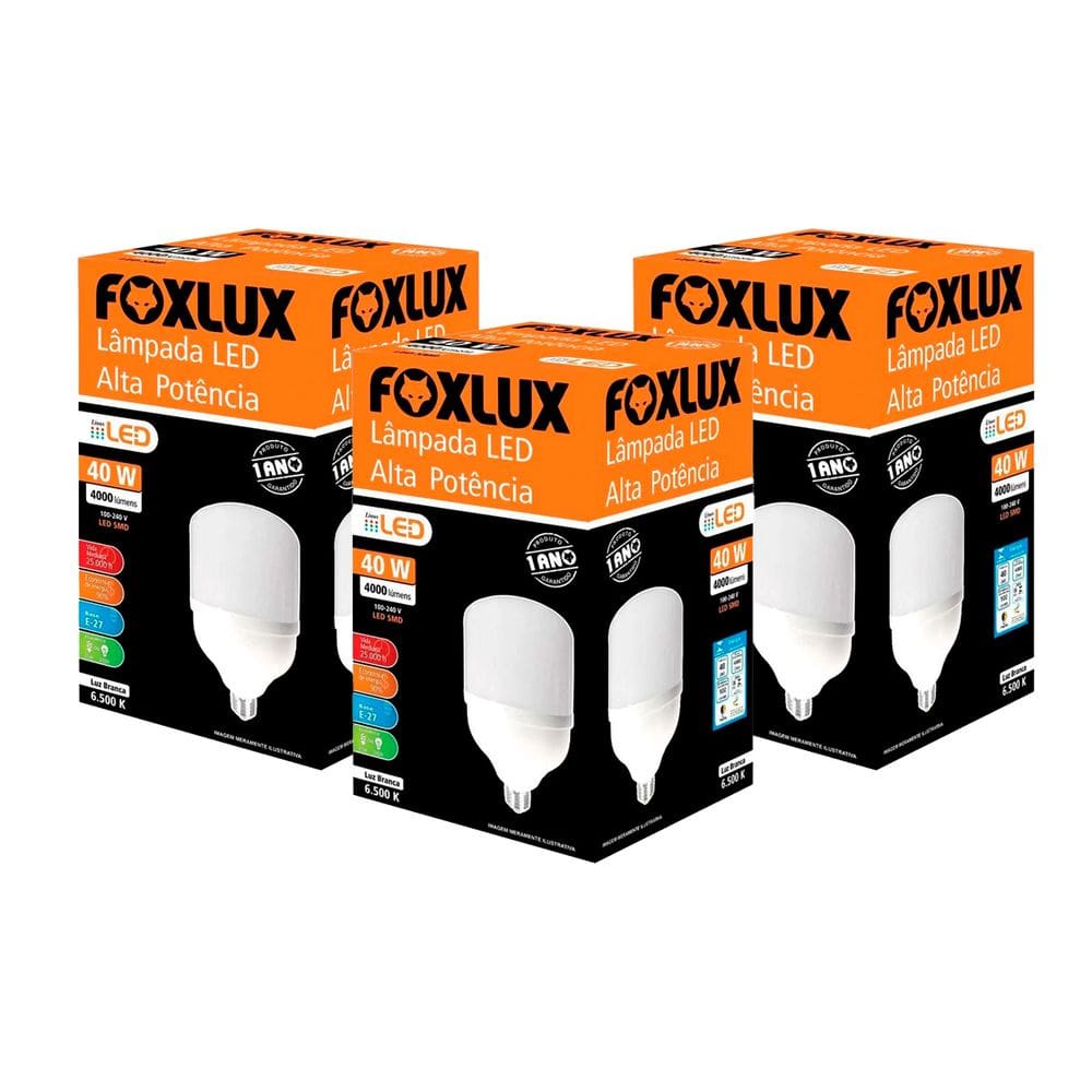 Kit 3 Lâmpada LED 40W Bulbo Alta Pot Bivolt 6500K Foxlux