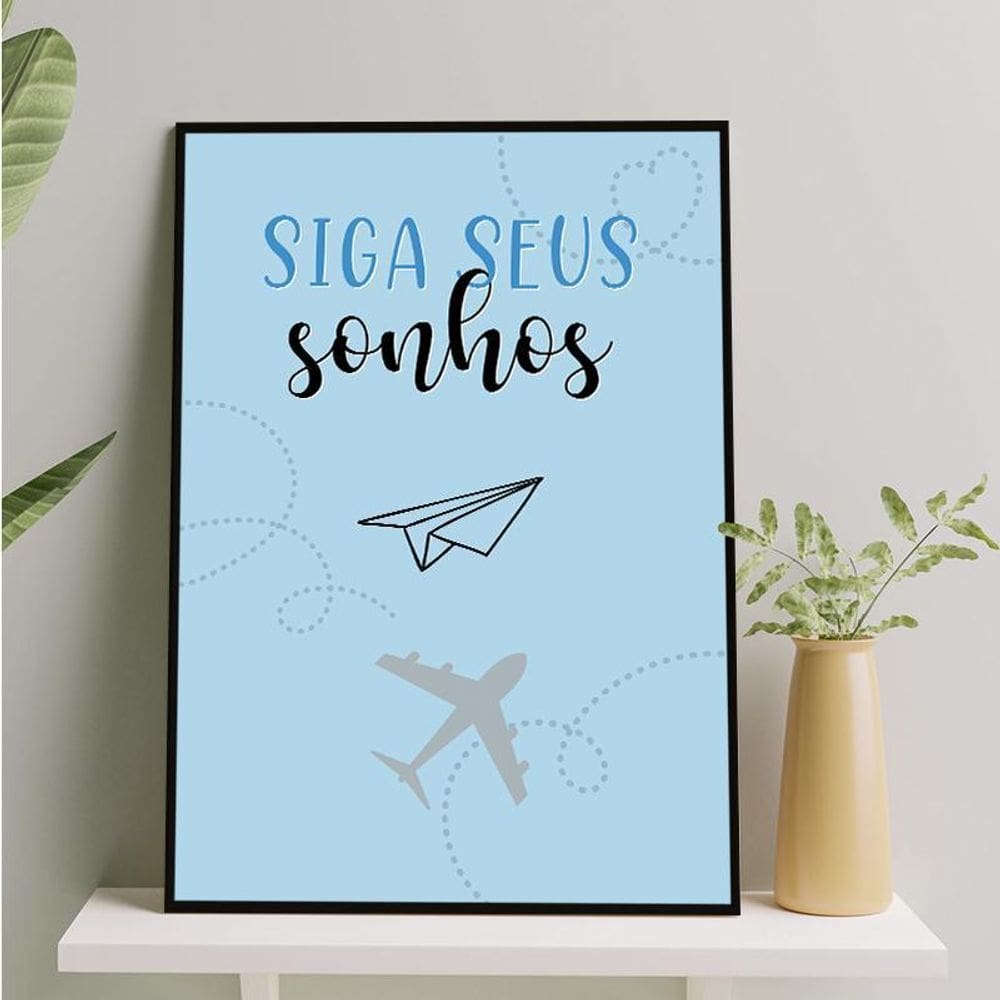 Quadro Siga Seus Sonhos Avião Azul 45X34Cm Madeira Preta