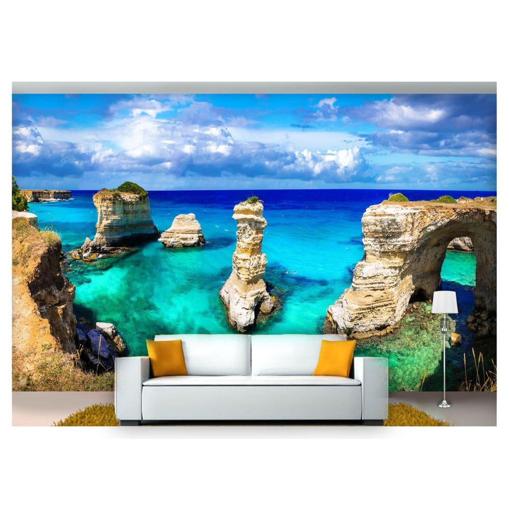 Papel De Parede Praia Mar Azul Costa Rocha 3D Npr234