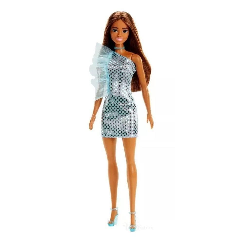 Boneca Barbie Morena Vestido Glitter Azul - Mattel
