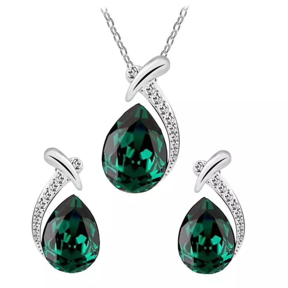Conjunto Colar E Brincos Formato De Gota Cor Prata C/Verde