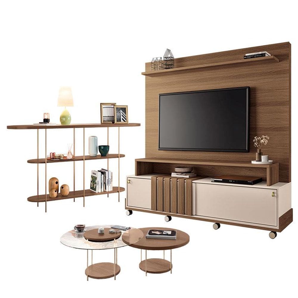 Estante Home Theater Bold Off White Castanho e Aparador Infinity e Kit Mesa de Centro sky Castanho – HB Móveis