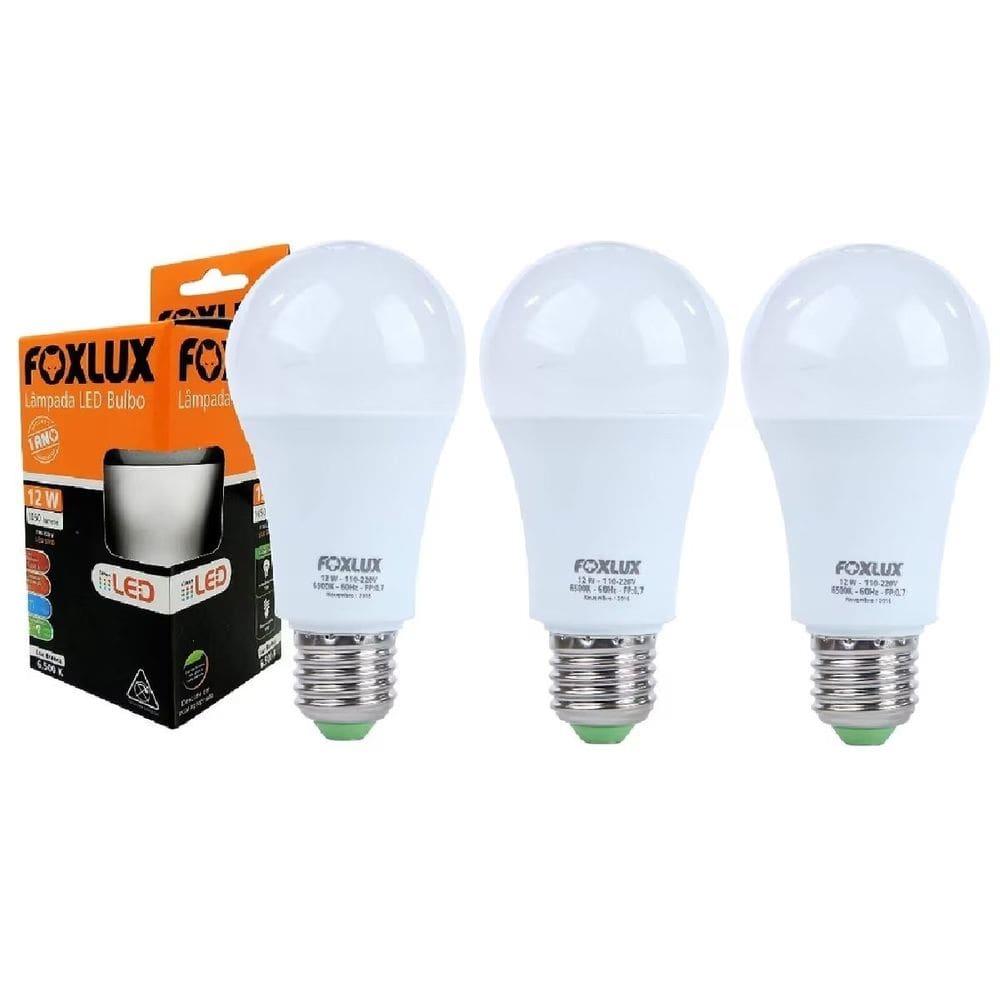 Kit 3 Lâmpada LED Bulbo 12W c/ Base E-27 Bivolt 6500K Foxlux