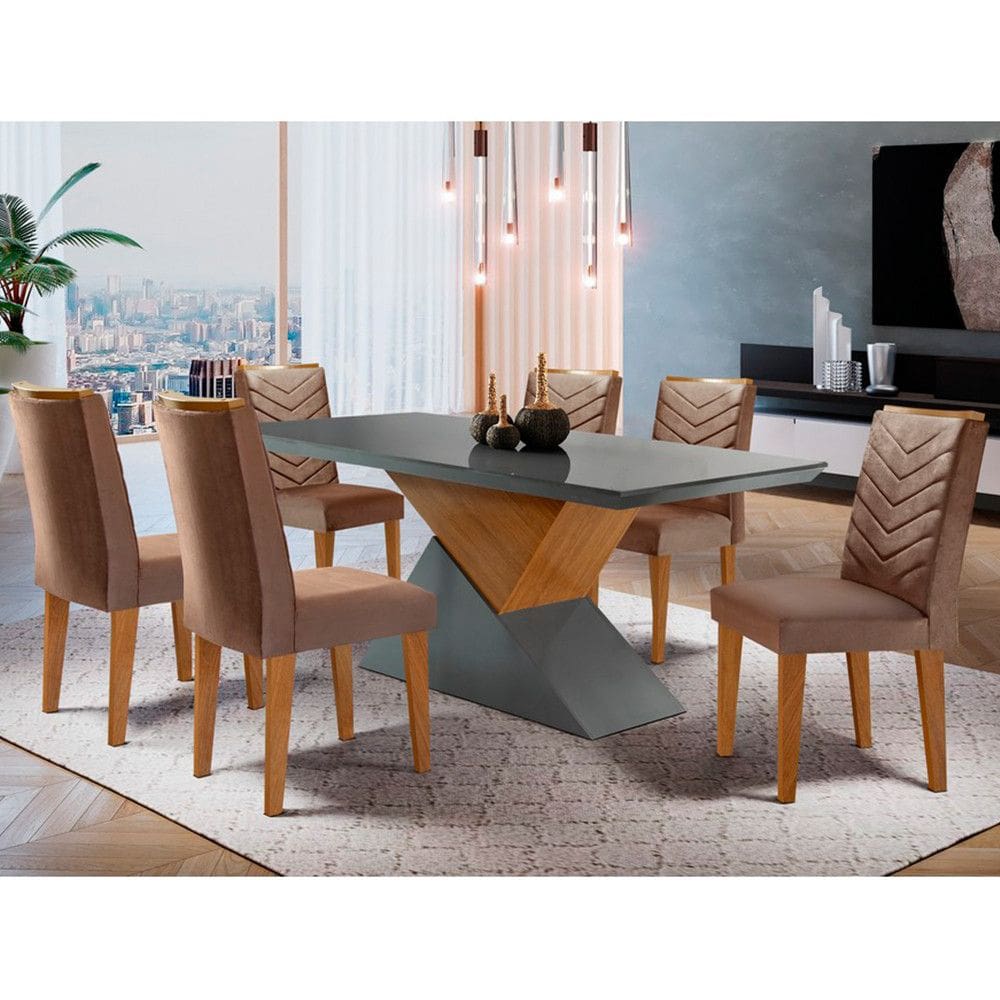 Sala de Jantar Aster 180cm MDF Canto Reto com 6 Cadeiras Liz Moderna