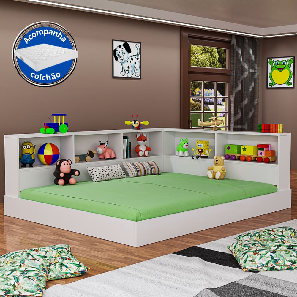Cama Infantil De Chão Em MDF com Estante E Colchão