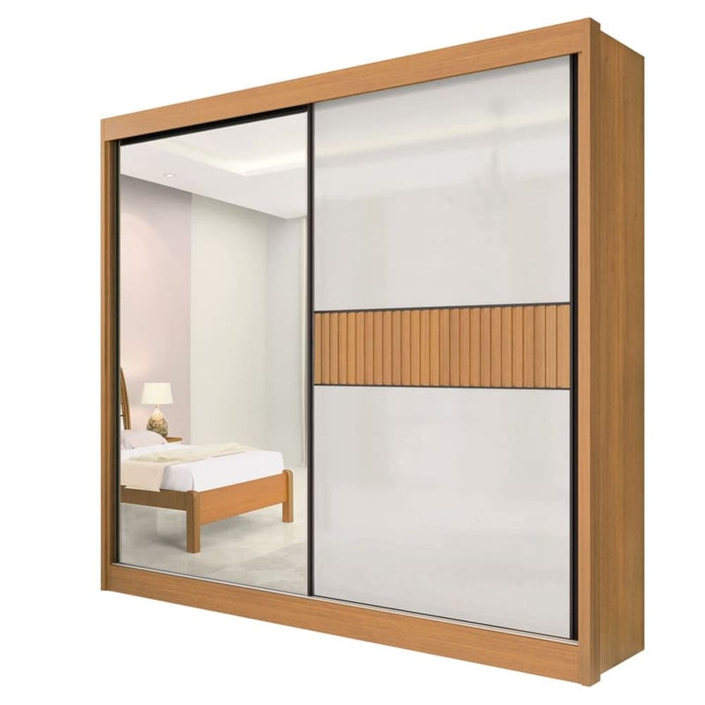 Guarda Roupa Casal com Espelho 2 Portas 6 Gavetas - Titanium Ripado-Cinamomo/Off White - Móveis D`Doro