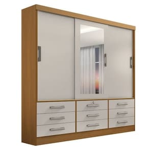 Guarda Roupa Casal com Espelho 3 Portas 9 Gavetas - Meridian -Cinamomo/Off White - Móveis D`Doro