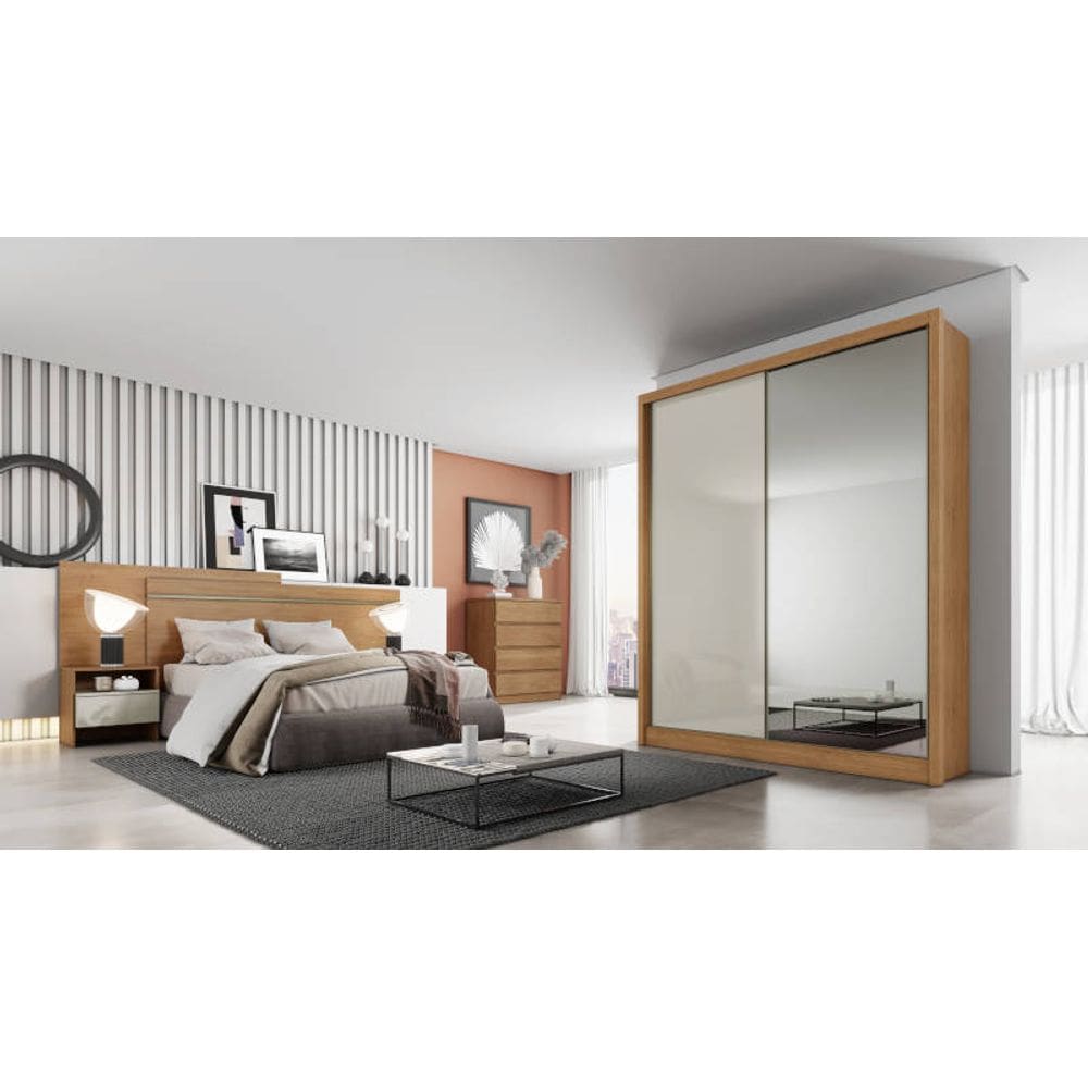 Guarda Roupa Solteiro com Espelho MDF 3 Gavetas - Virtus -Cumaru/Fendi - Móveis Novo Horizonte