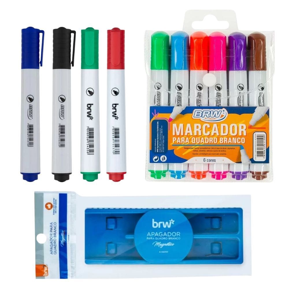 Kit 10 Marcador Para Quadro Branco Lousa +  Apagador Magnético c/ Porta Caneta - BRW