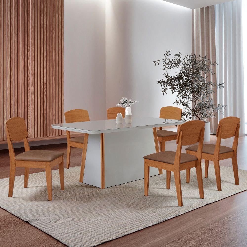Mesa de Jantar Diane 180cm Tampo MDF Vidro Canto Copo com 6 Cadeiras Copper