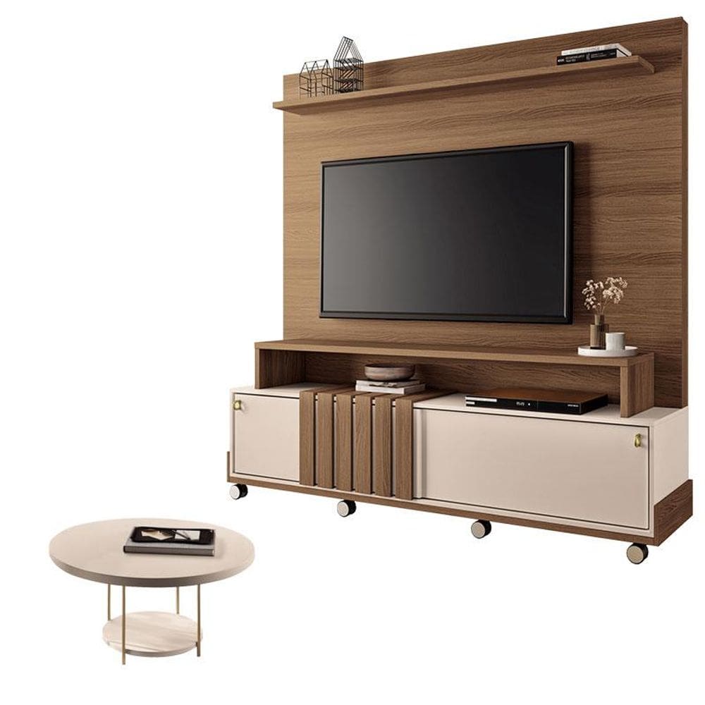 Estante Home Theater Bold Off White Castanho e Mesa de Centro sky Off White - HB Móveis