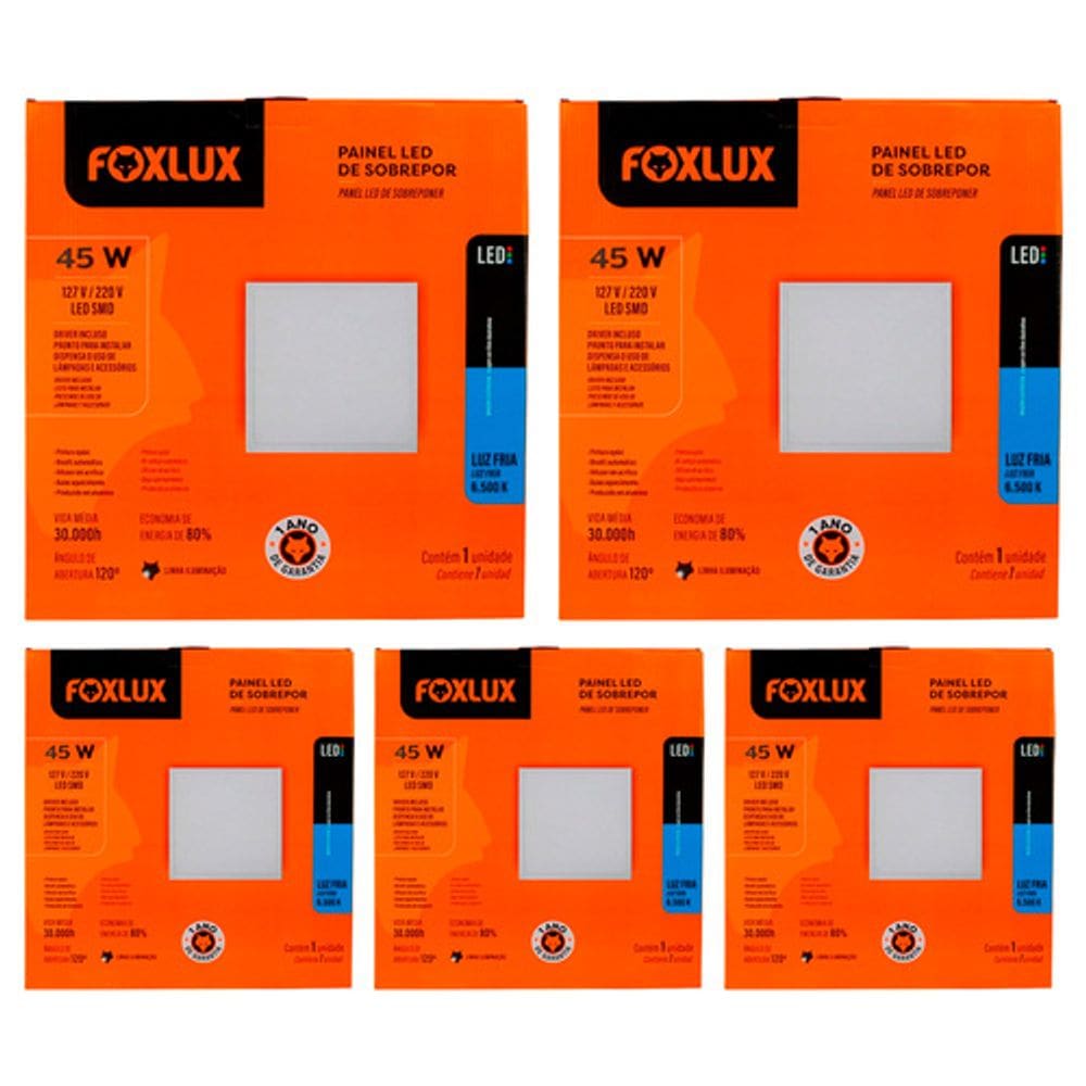 Kit 5 Painel Led Quadrado Sobrepor 45W 6500K Bivolt Foxlux