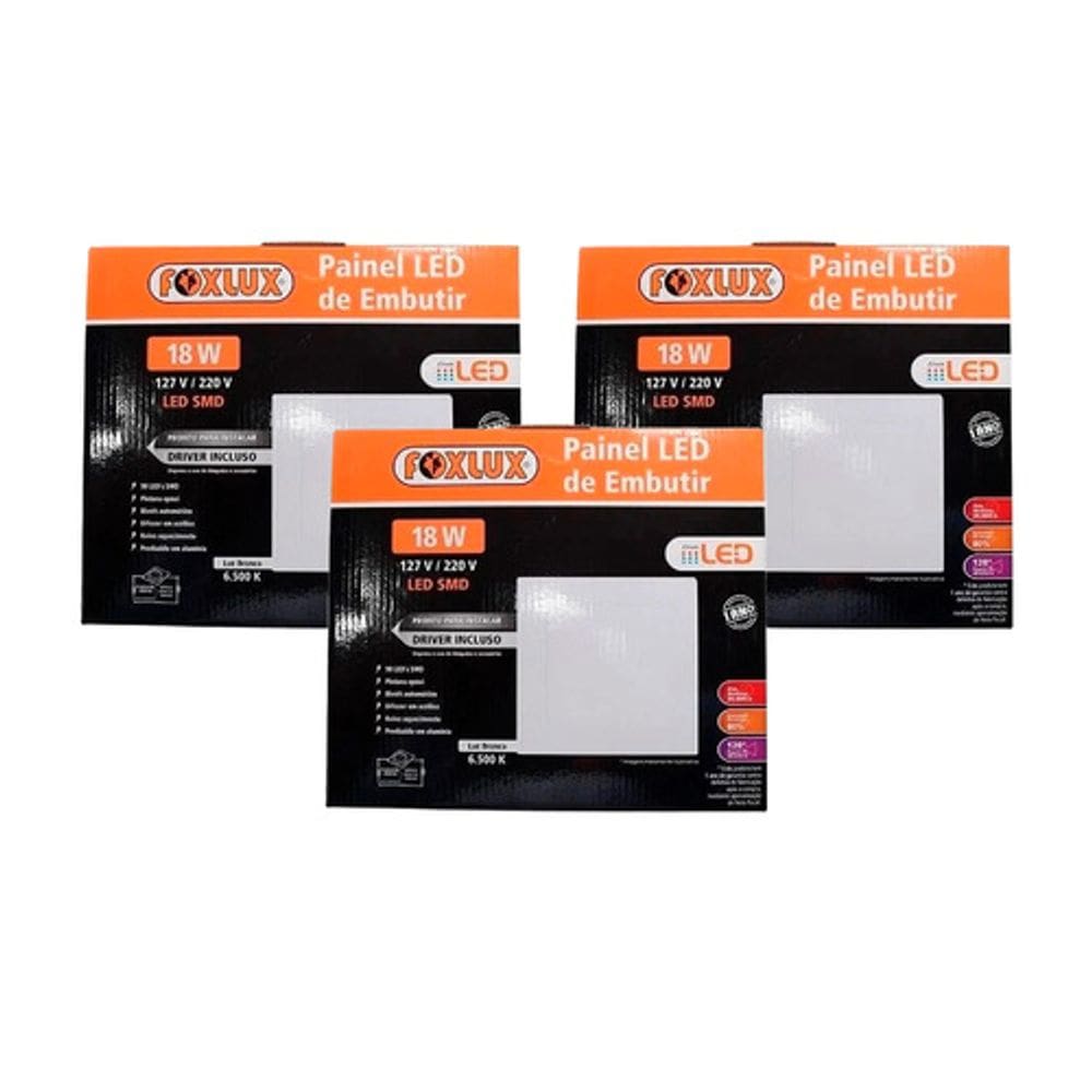 Kit 3 Painel LED 18W Downlight 6500K Quad Embutir Biv Foxlux