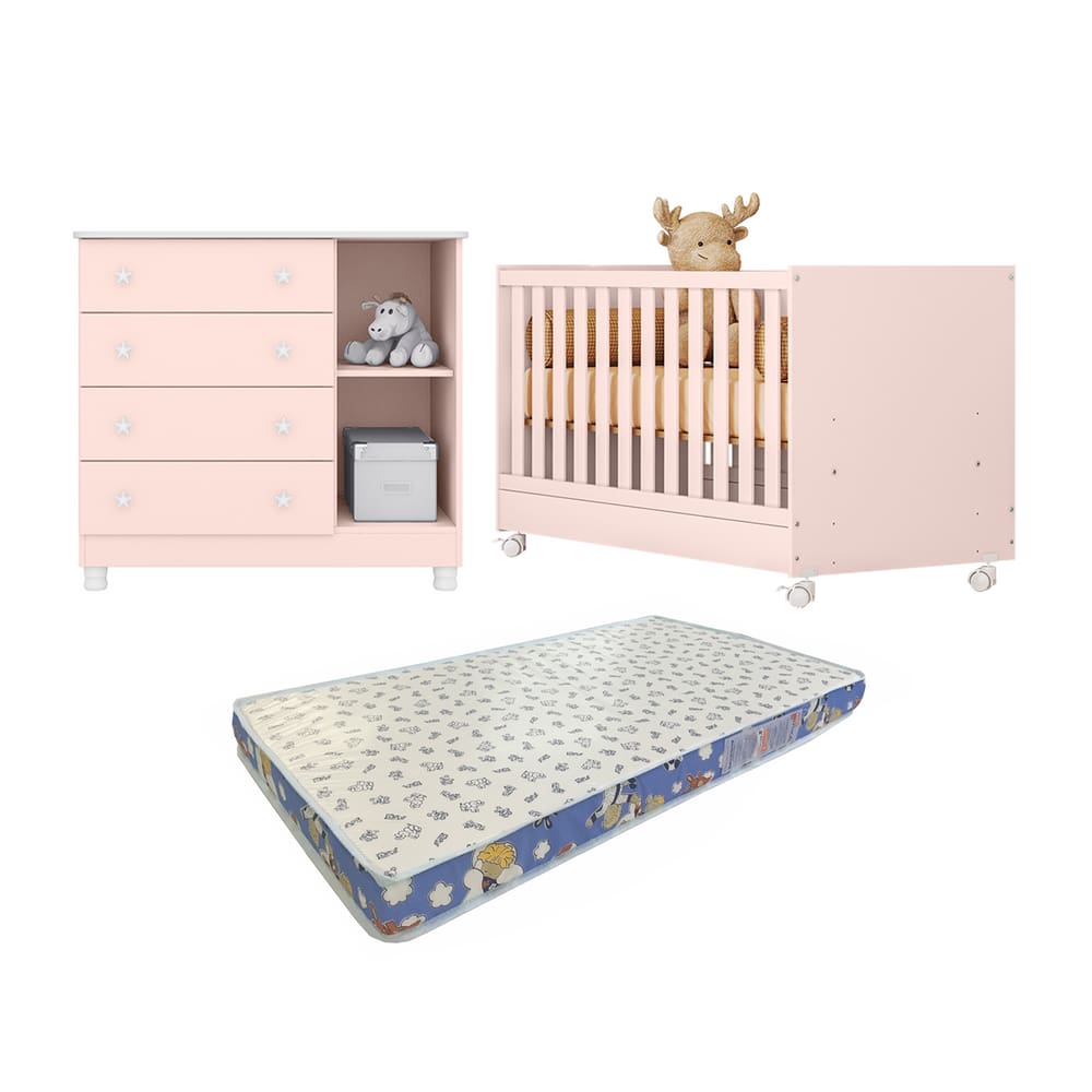 O Conjunto Perfeito para Seu Bebê Berço Americano + Cômoda + Colchão Ortobom Rosa Acetinado - Qmovi