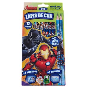 Lápis de Cor 12 Cores com Apontador Borracha e 2 Lápis HB Marvel Vingadores Molin
