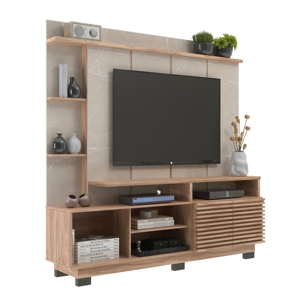 Rack com Painel para TV até 60 Polegadas 2 Portas Ripado HO4200 Carvalho Oak/Petra - Decibal