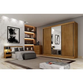 Guarda Roupa Casal Ripado com Espelho 3 Portas 4 Gavetas - Royale-Cumaru - Móveis Novo Horizonte