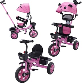 Triciclo Carrinho de Passeio Infantil com Capota Porta Objetos Cinto de Segurança até 50kg Empurrador Cestos e Rodas de EVA