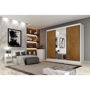 Guarda Roupa Casal Ripado com Espelho 3 Portas 8 Gavetas - Royale-Branco - Móveis Novo Horizonte