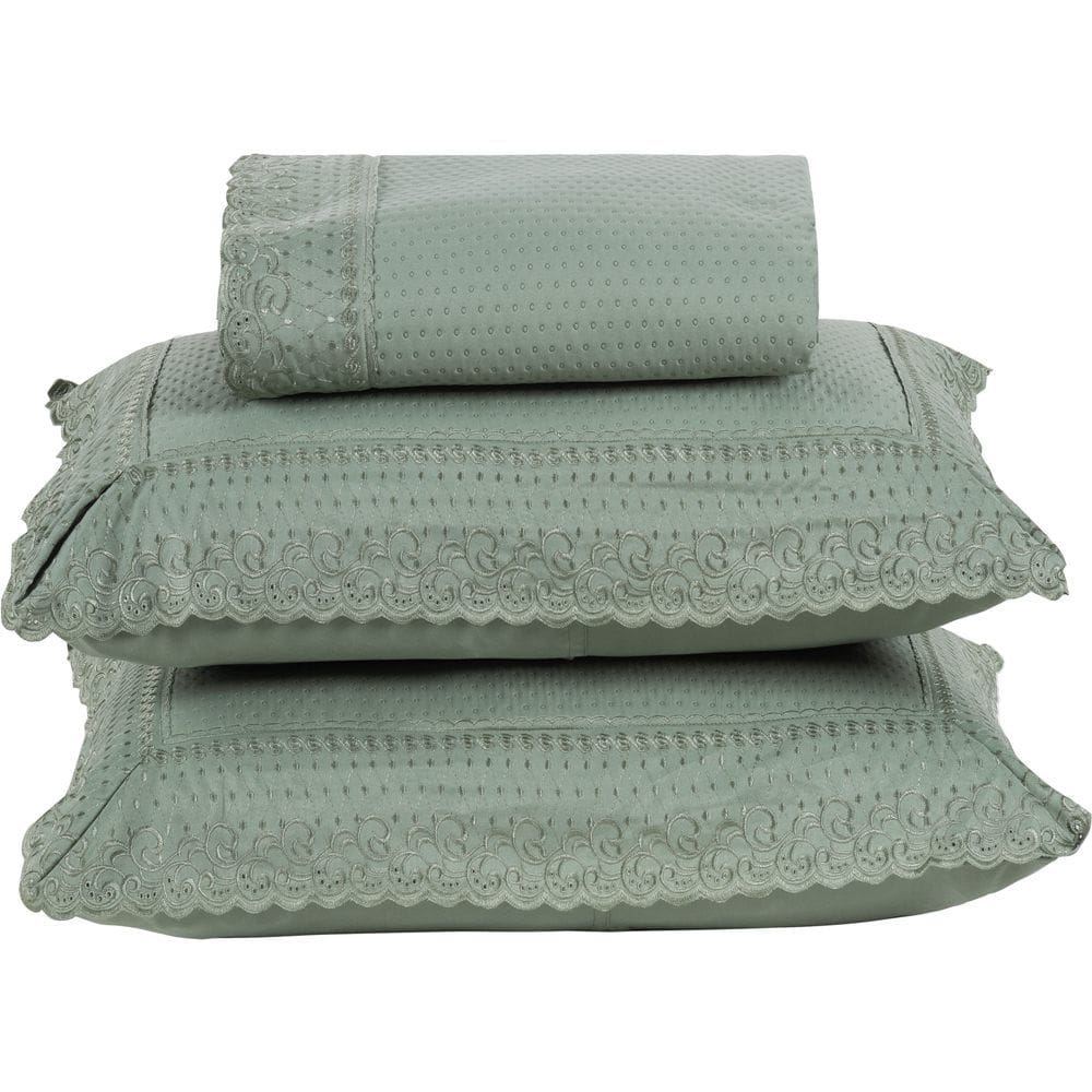 Colcha Queen Home Paris com Bordado Inglês Micropercal 300 Fios Toque de Algodão 3 Peças - Verde - 100% Poliéster