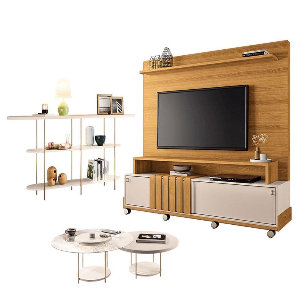 Estante Home Theater Bold Off White Cinamomo e Aparador Infinity e Kit Mesa de Centro sky Off White - HB Móveis