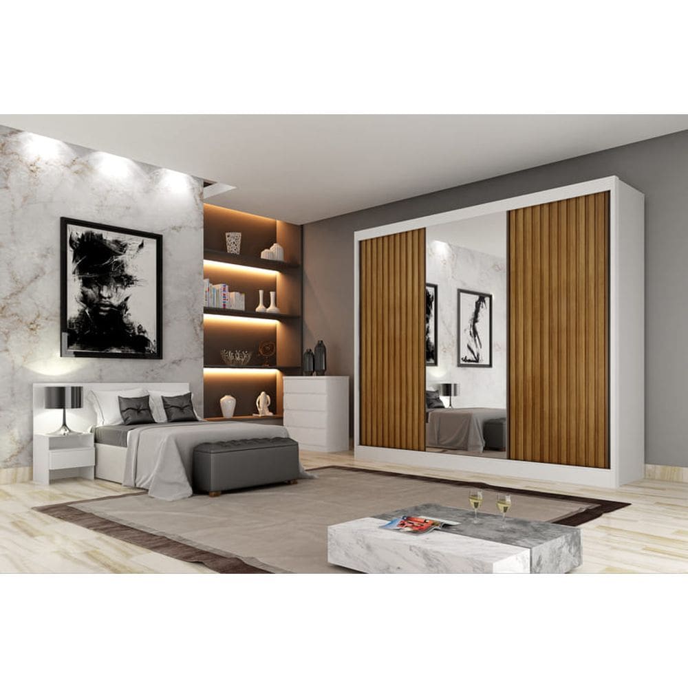 Guarda Roupa Casal Ripado com Espelho 3 Portas 6 Gavetas - Royale-Branco - Móveis Novo Horizonte