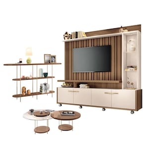 Estante Home Theater Titan Off White Castanho e Aparador Infinity e Kit Mesa de Centro sky Castanho - HB Móveis