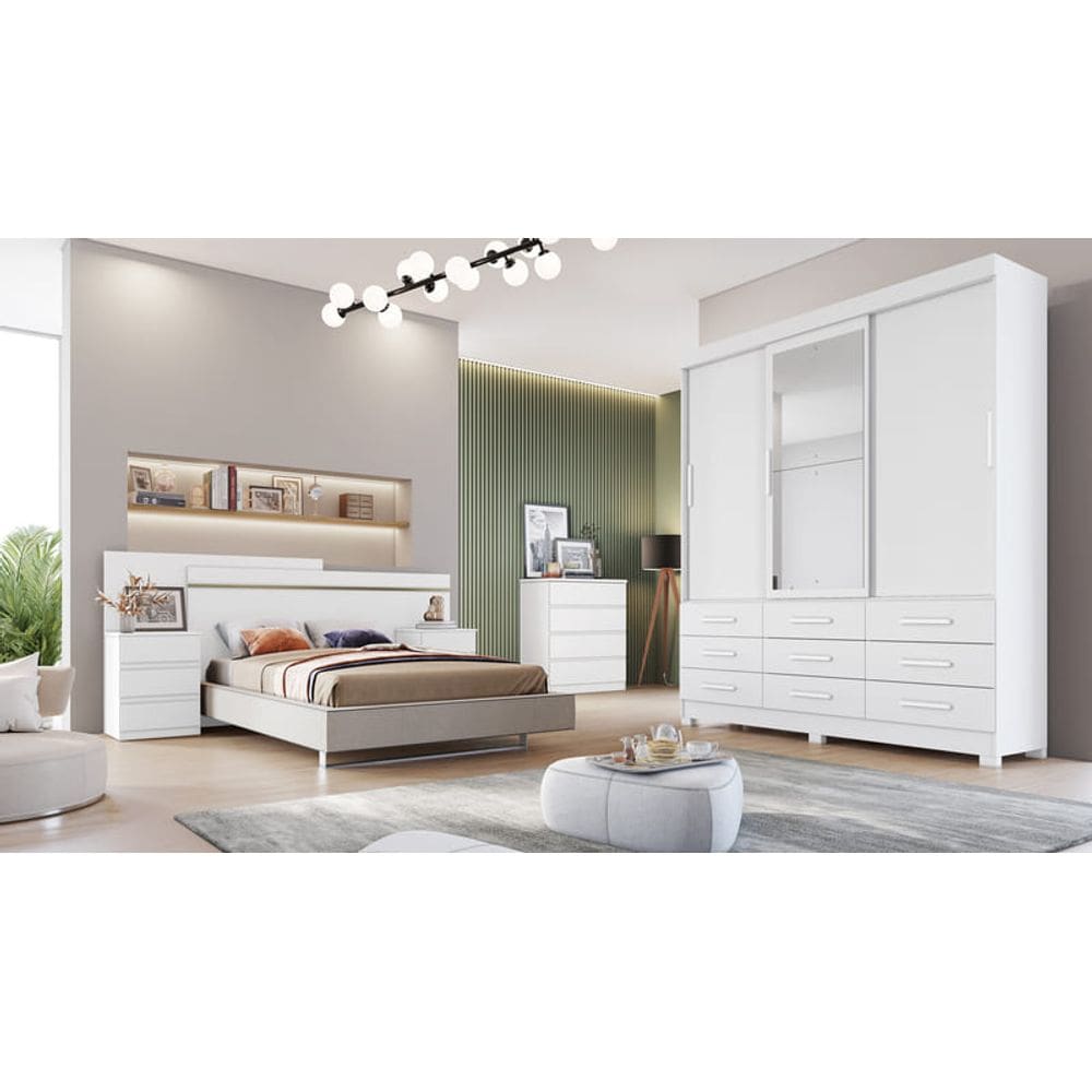 Guarda Roupa Solteiro com Espelho 3 Portas 9 Gavetas - Buriti-Branco - Móveis Novo Horizonte