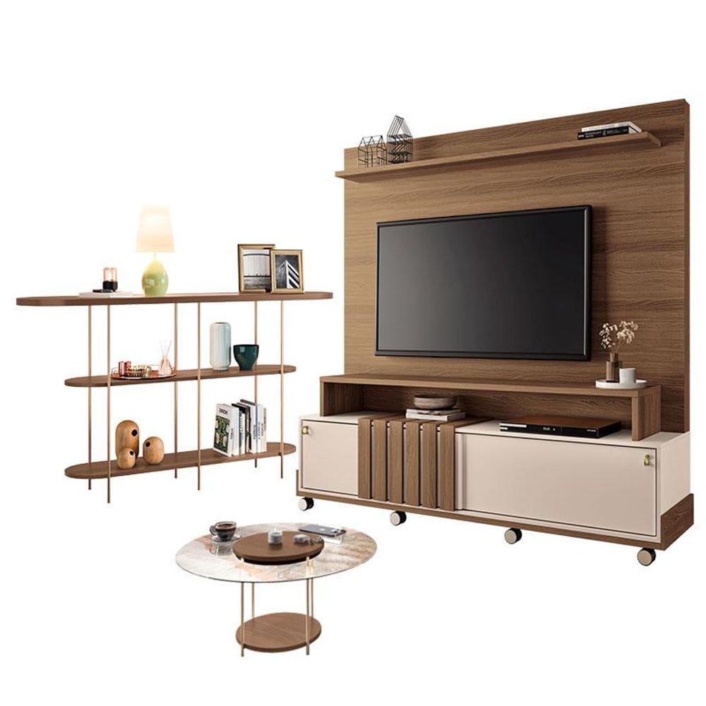 Estante Home Theater Bold Off White Castanho e Aparador Infinity e Mesa de Centro sky com Tampo de Vidro Castanho – HB Móveis
