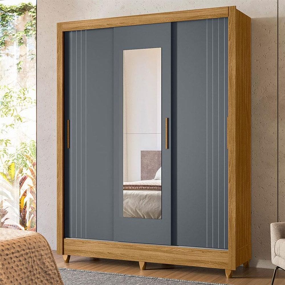 Guarda Roupa Casal Ambiente Bolívia 3 Portas Freijó Cinza com Espelho - Moval