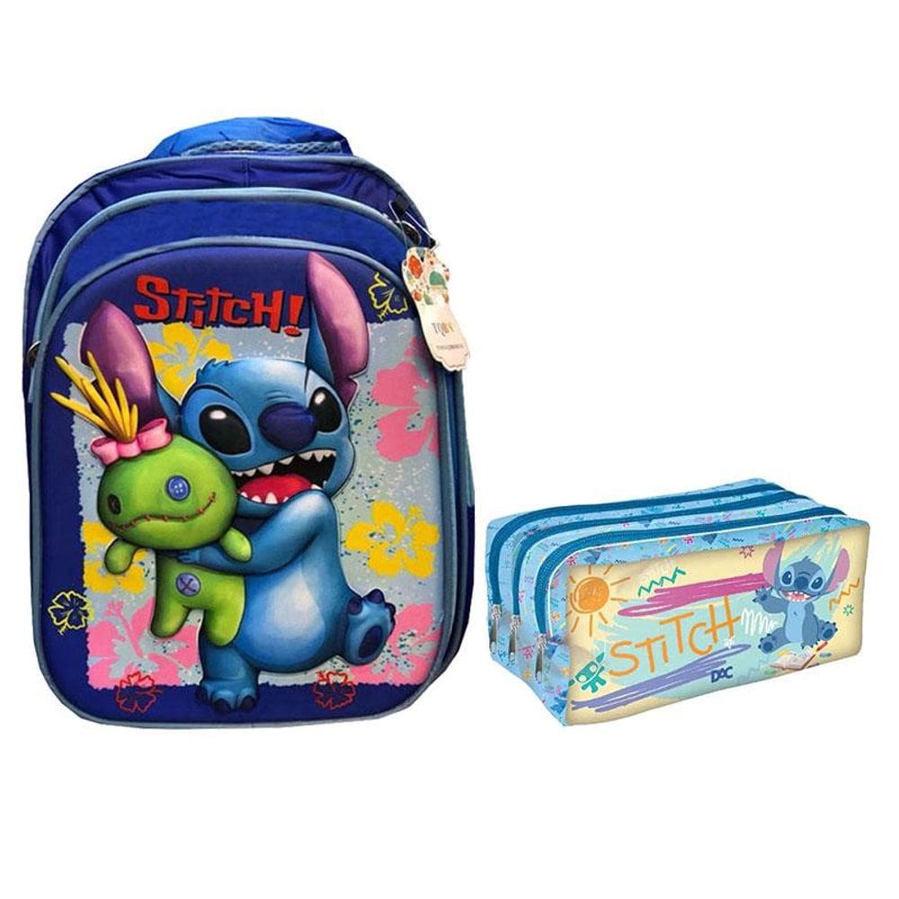 Kit Mochila e Estojo Escolar Infantil Triplo Stitch Azul - DAC
