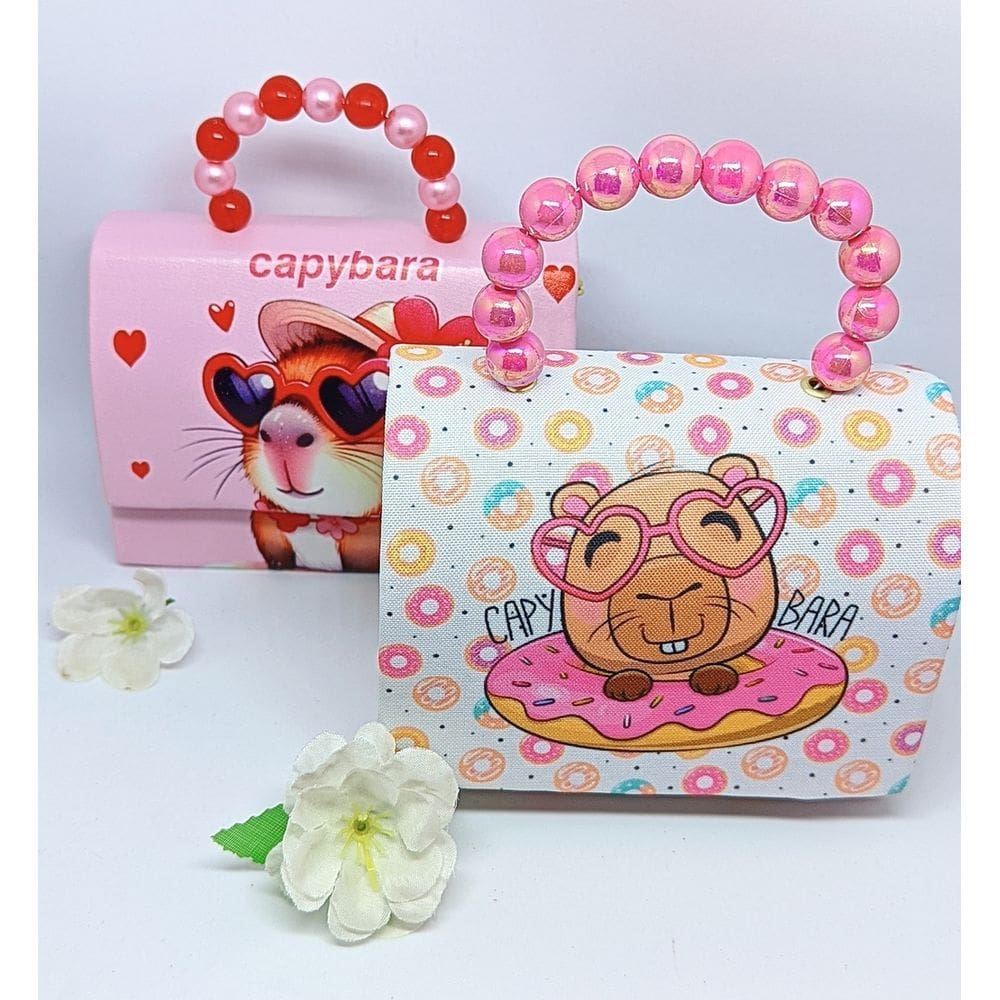 Bolsa Infantil Mini Bag Cute Alça Mão Pérola Bolsinha Desenho Capivara Alça Transversal Corrente Passeio Tendência Moda