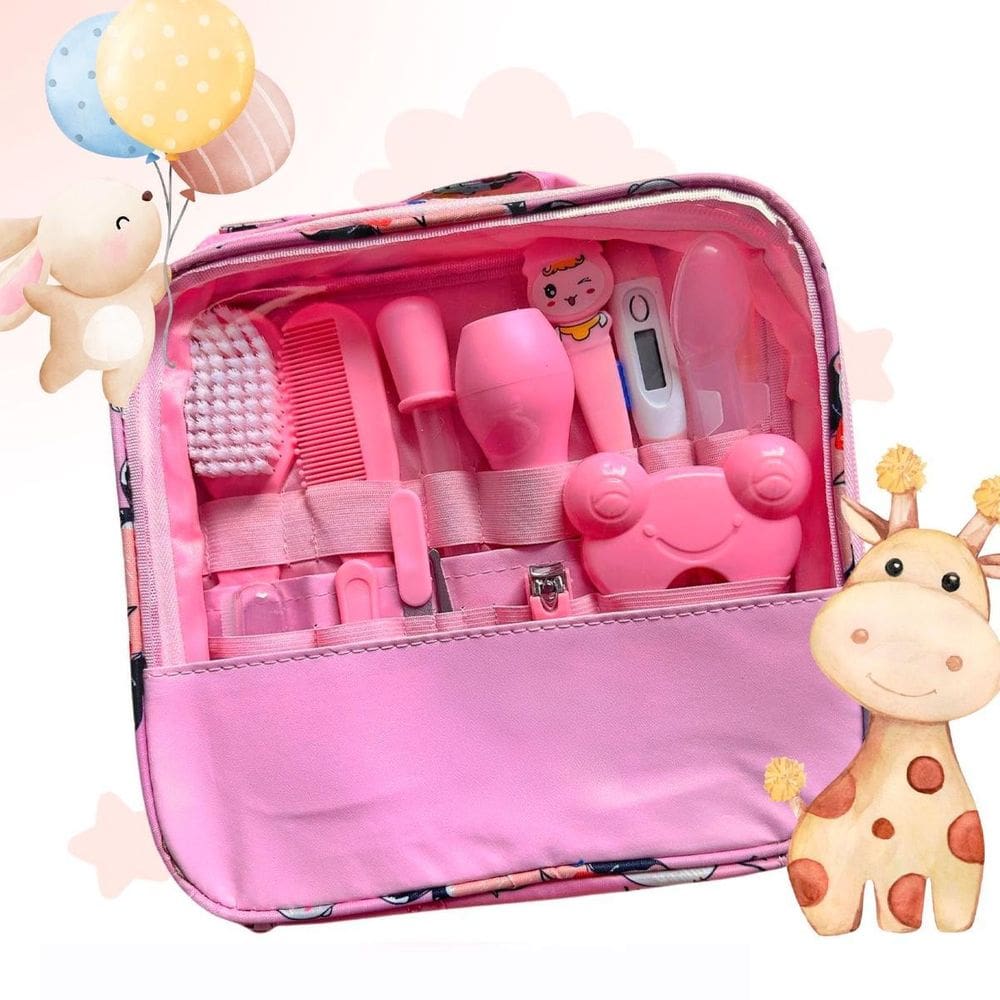 Kit Higiene Bebê Rosa Aspirador Nasal Escova De Dedo Bolsa